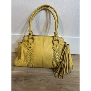 ELLIOT LUCCA Yellow Leather Braided Satchel Purse Handbag Tassel Boho Chic Zip